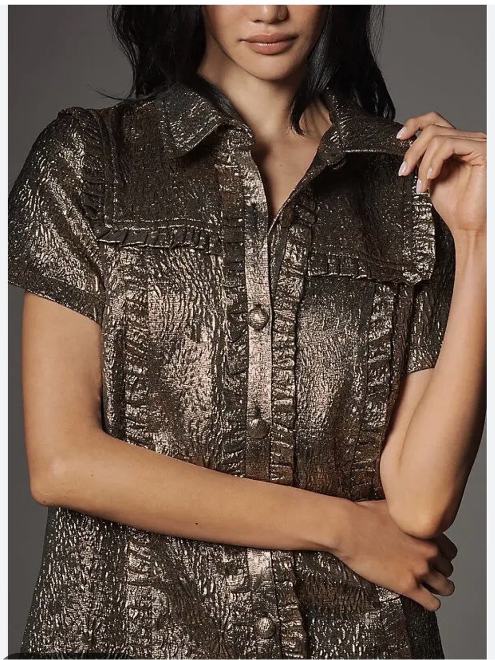 Anthropologie Metallic Bronze Short-Sleeve Shirt Dress size XS - Picture 3 of 8